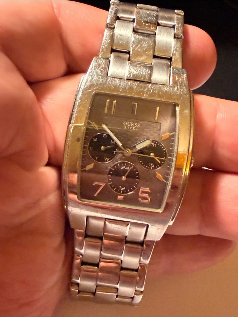 Guess Silver Tone Men's Multi-Function Stainless Watch with Black Dial